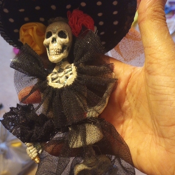Elegant Black Skeleton Figurine with Orange and Yellow And Pink Accents - Picture 4 of 10